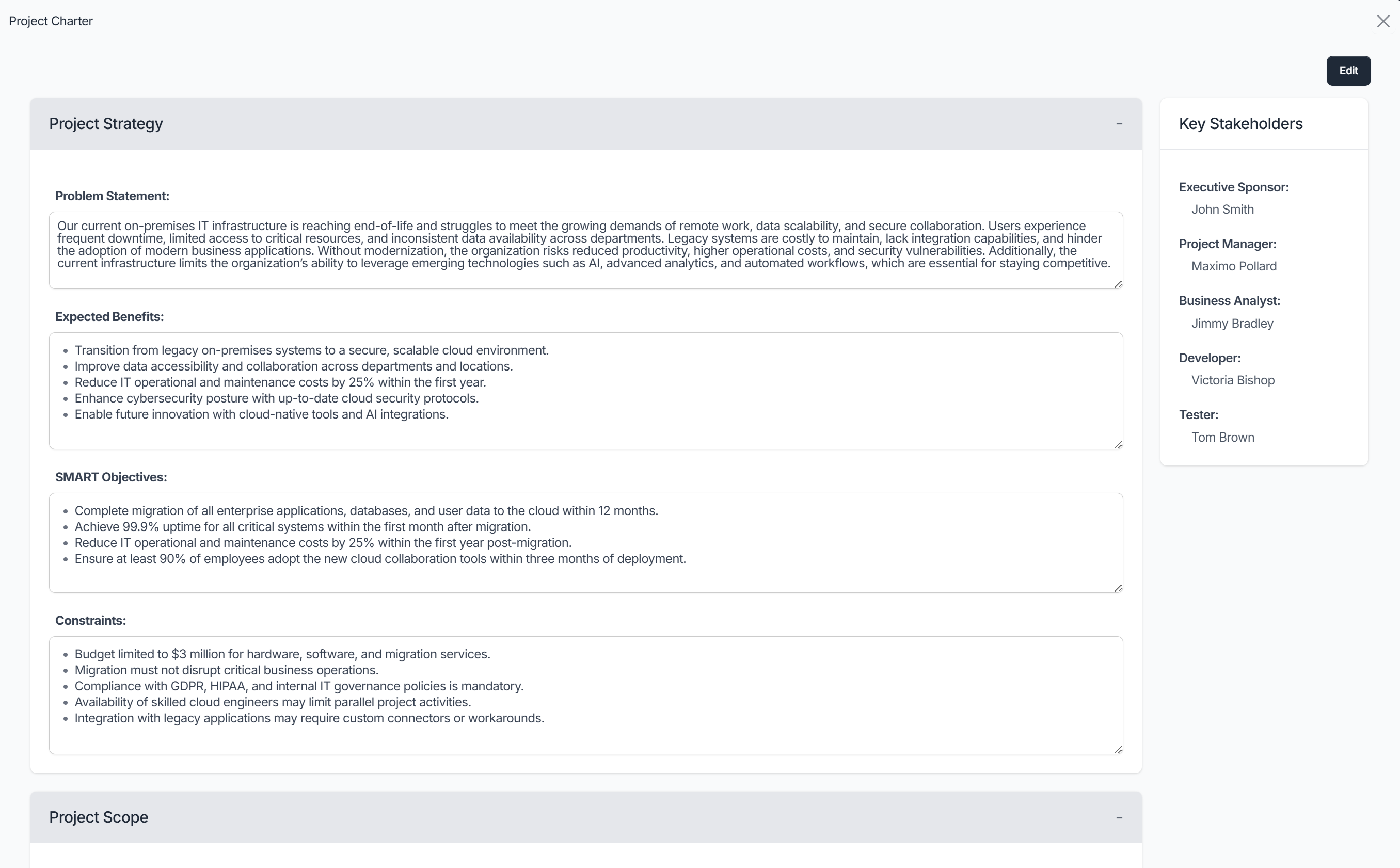 Project Charter Overview Comprehensive Project Charter detailing objectives, benefits, constraints, and SMART goals
